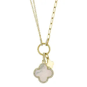 0.17CT DIAMOND & 1.36CT MOTHER OF PEARL CLOVER PAPER CLIP LINK NECKLACE