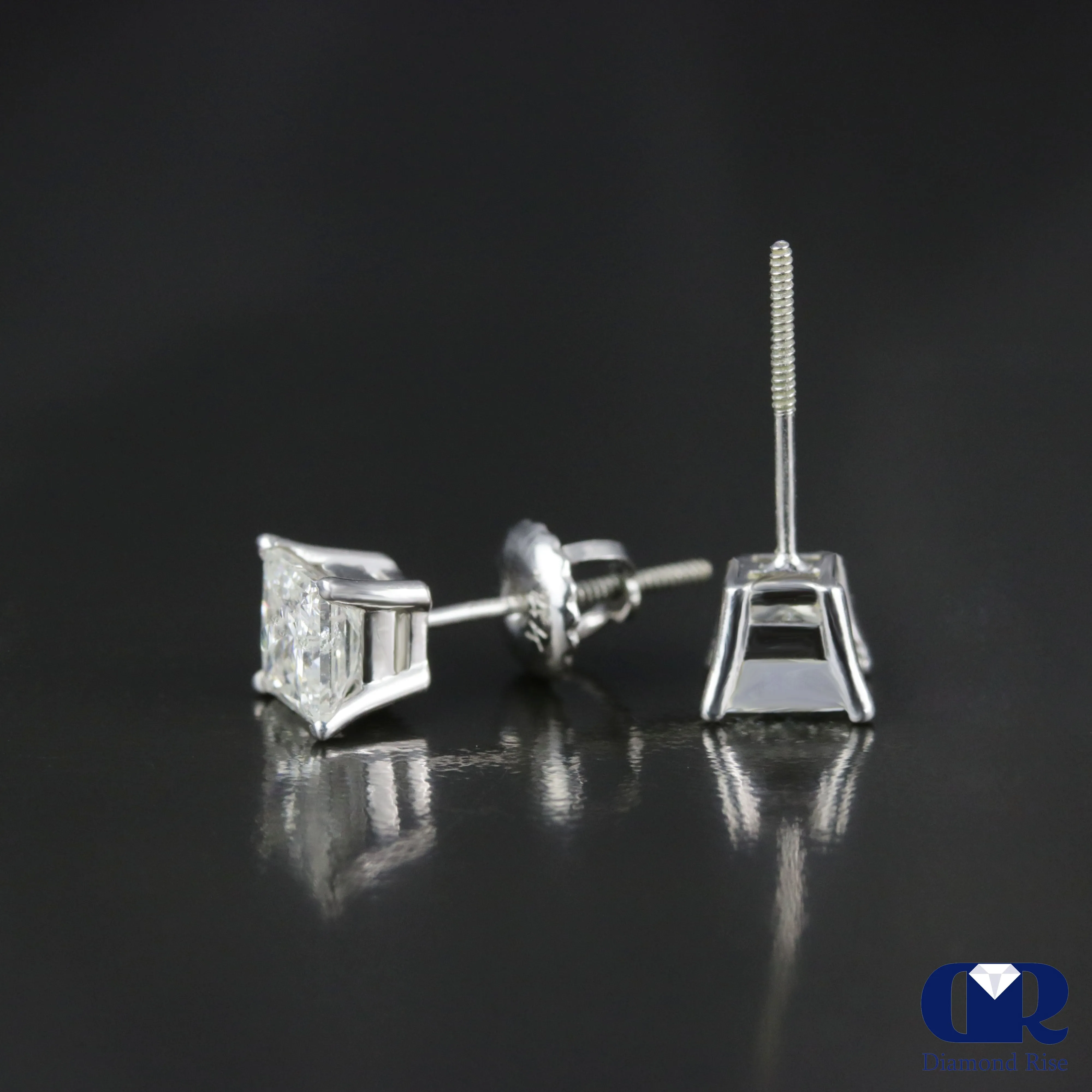 1.27 Carat Princess Cut Diamond Stud Earrings In 14K Gold With Screw Back