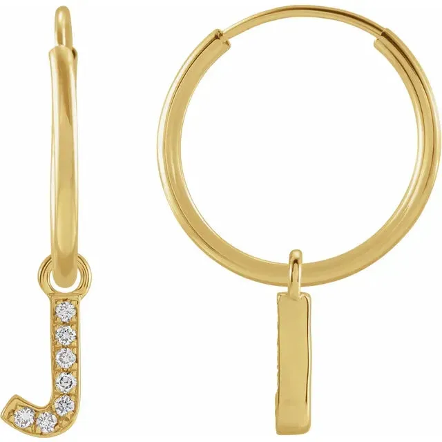 14K Yellow Gold .025 CTW Natural Diamond Single Initial J Hoop Earring