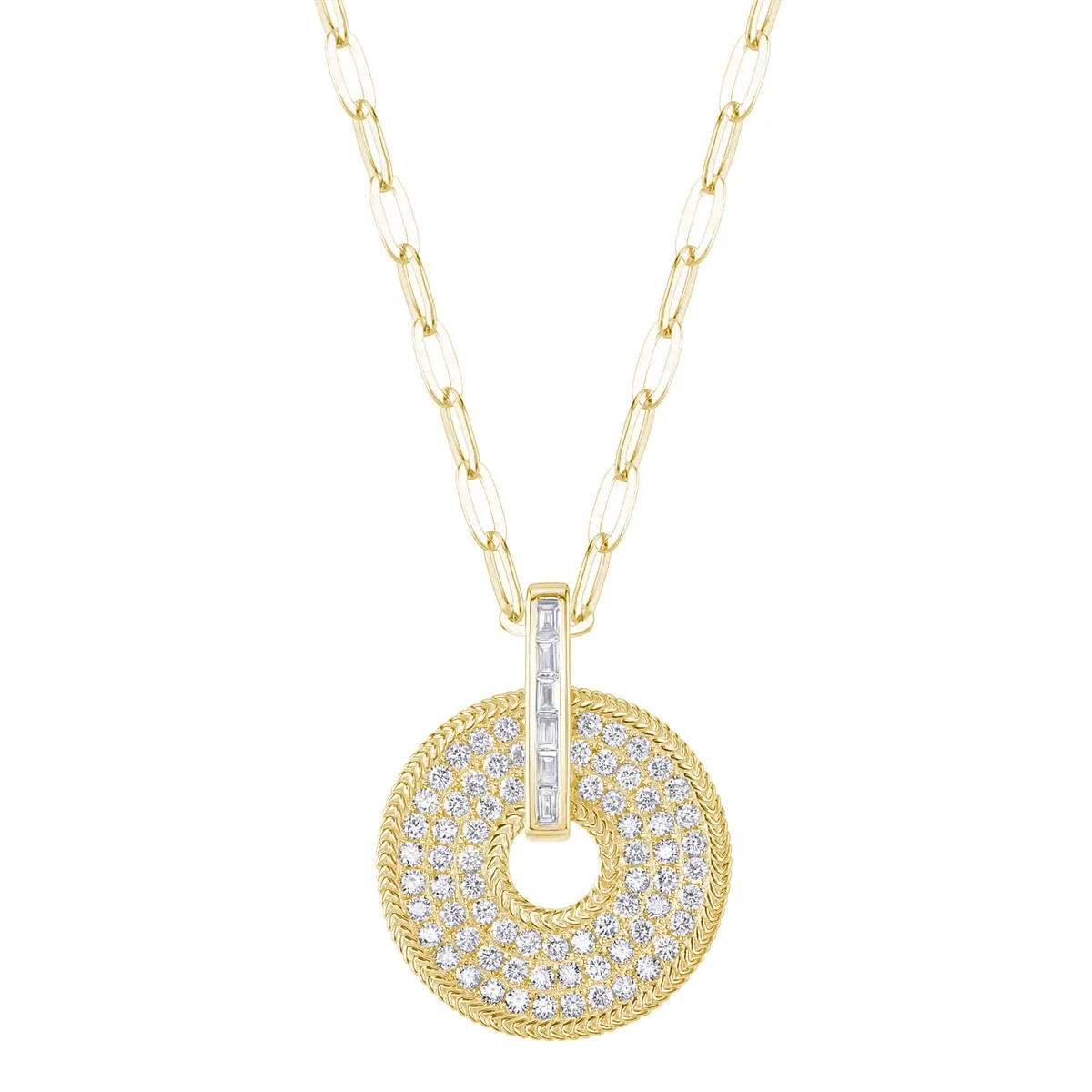 14K Yellow Gold Round Diamond Open Disc Pendant on Paperclip Chain