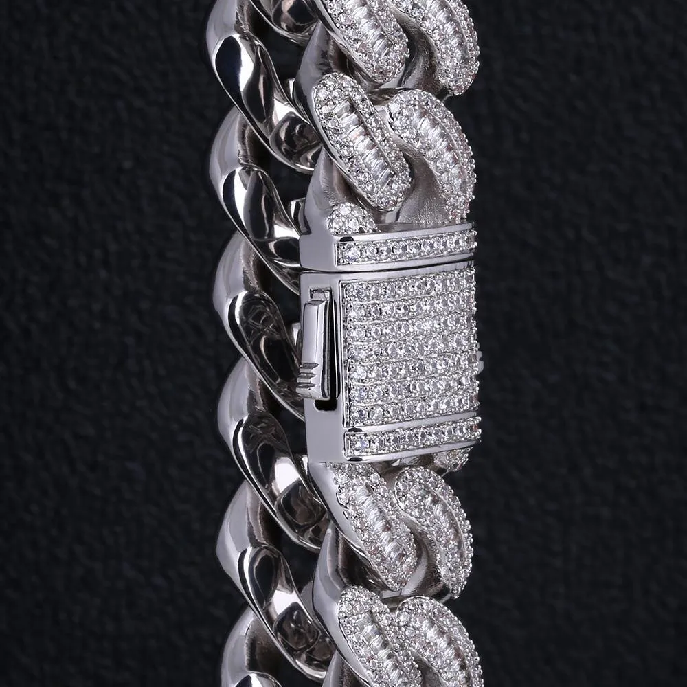 16mm Iced Out Baguette Cut Mens Cuban Link Bracelet in White Gold