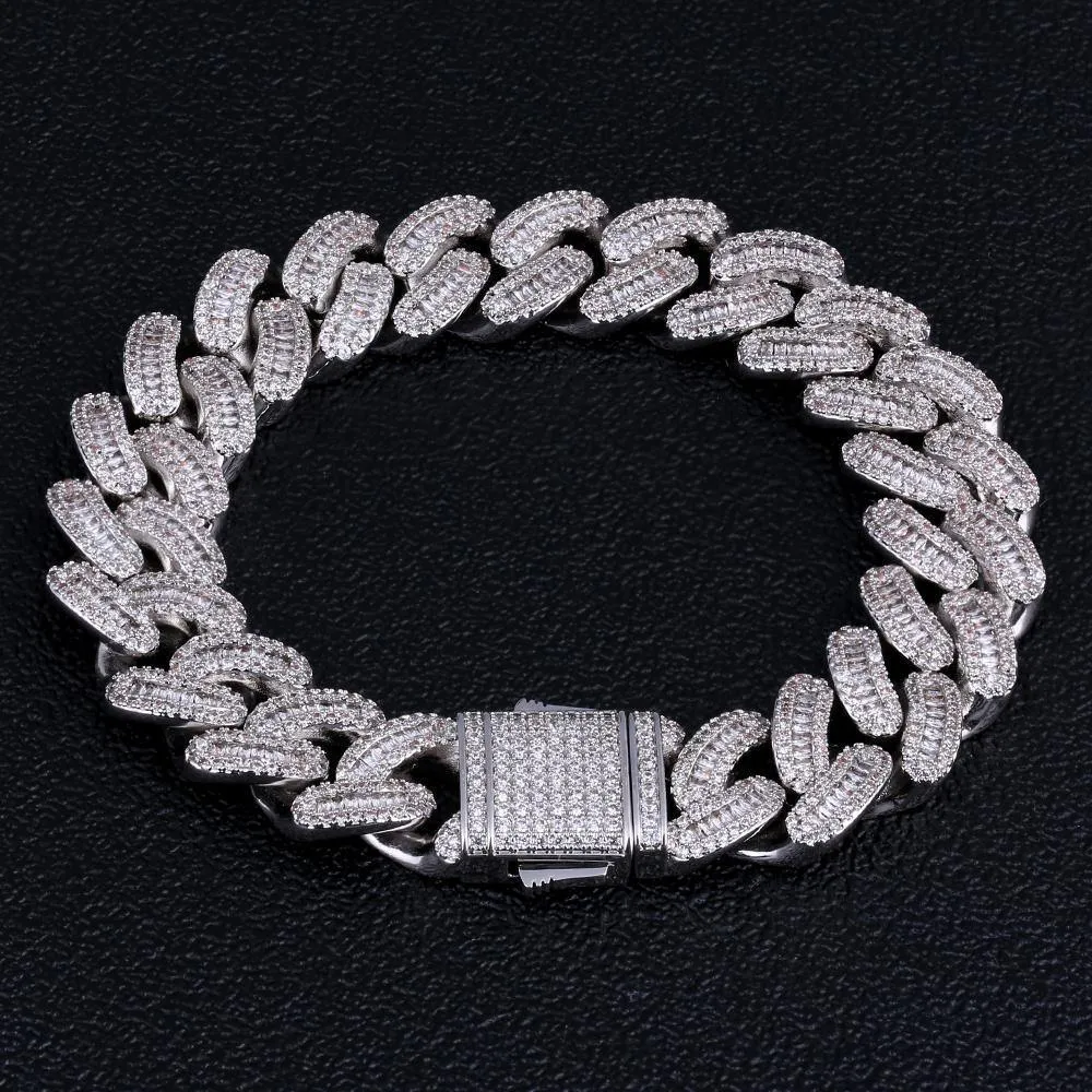 16mm Iced Out Baguette Cut Mens Cuban Link Bracelet in White Gold