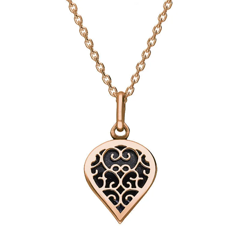 18ct Rose Gold Blue Goldstone Flore Filigree Small Heart Necklace