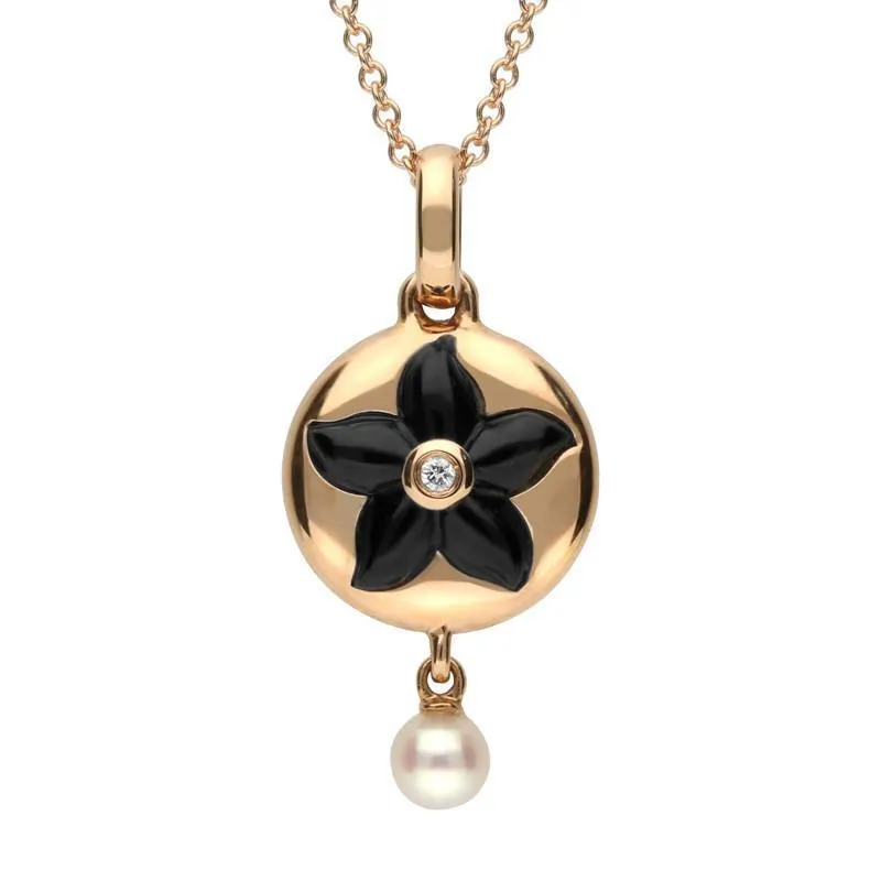 18ct Rose Gold Whitby Jet Diamond Pearl Flower In Circle Two Piece Set D