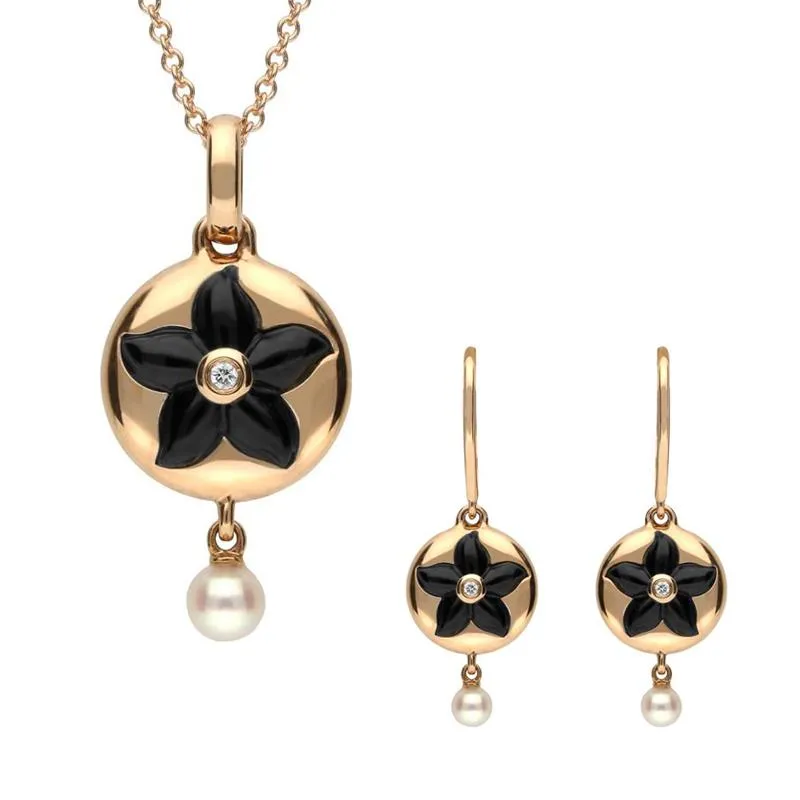 18ct Rose Gold Whitby Jet Diamond Pearl Flower In Circle Two Piece Set D