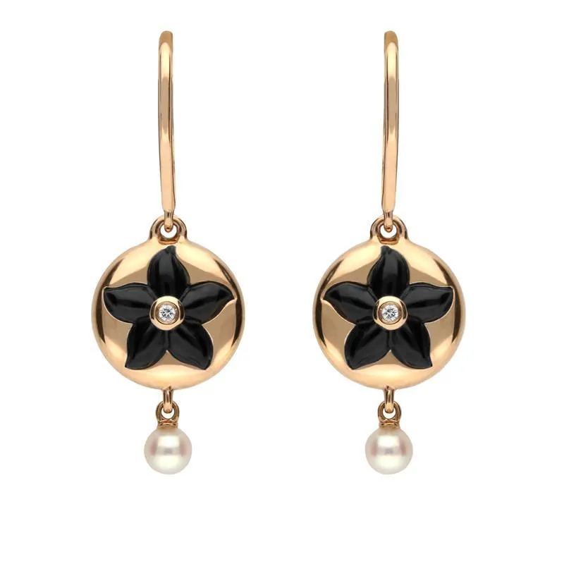 18ct Rose Gold Whitby Jet Diamond Pearl Flower In Circle Two Piece Set D