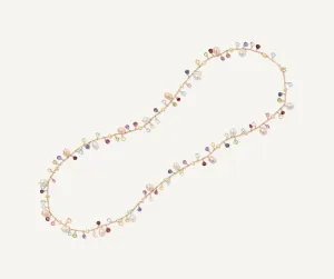 18K Yellow Gold Gemstone Necklace with Freshwater Pearls, Long