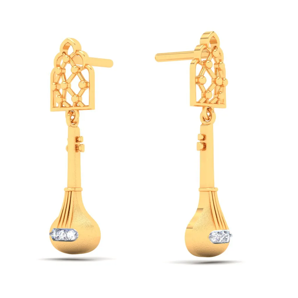 18KT  Sitaar Shaped Gold Earrings From Diamond Collection