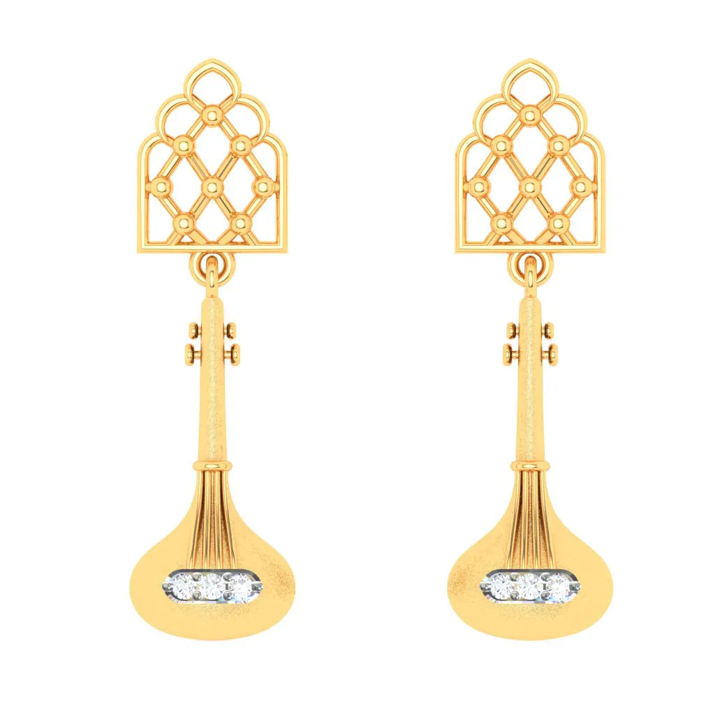 18KT  Sitaar Shaped Gold Earrings From Diamond Collection