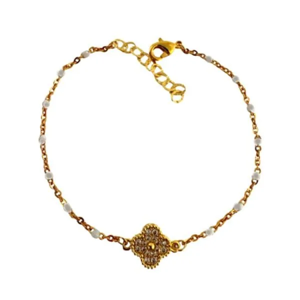 2mm Enamel Gold Fill Chain With CZ Clover Bracelet: White (BG7845W)