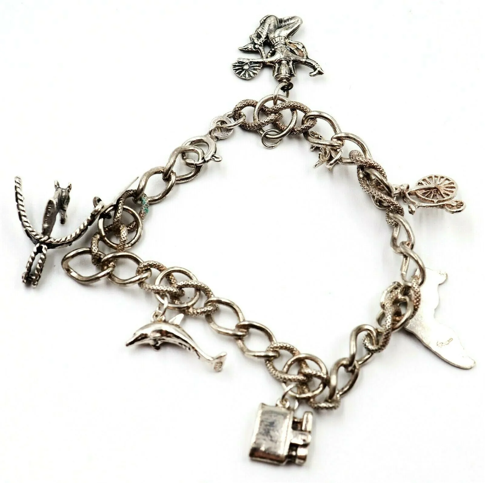 925 Sterling Silver Charm Bracelet Curb Link Chain Fine Jewellery 6 Charms