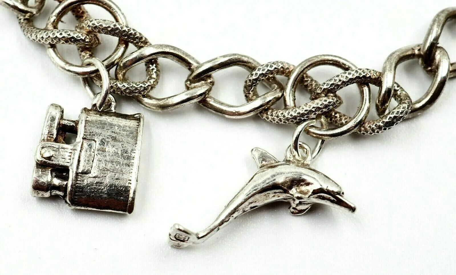 925 Sterling Silver Charm Bracelet Curb Link Chain Fine Jewellery 6 Charms