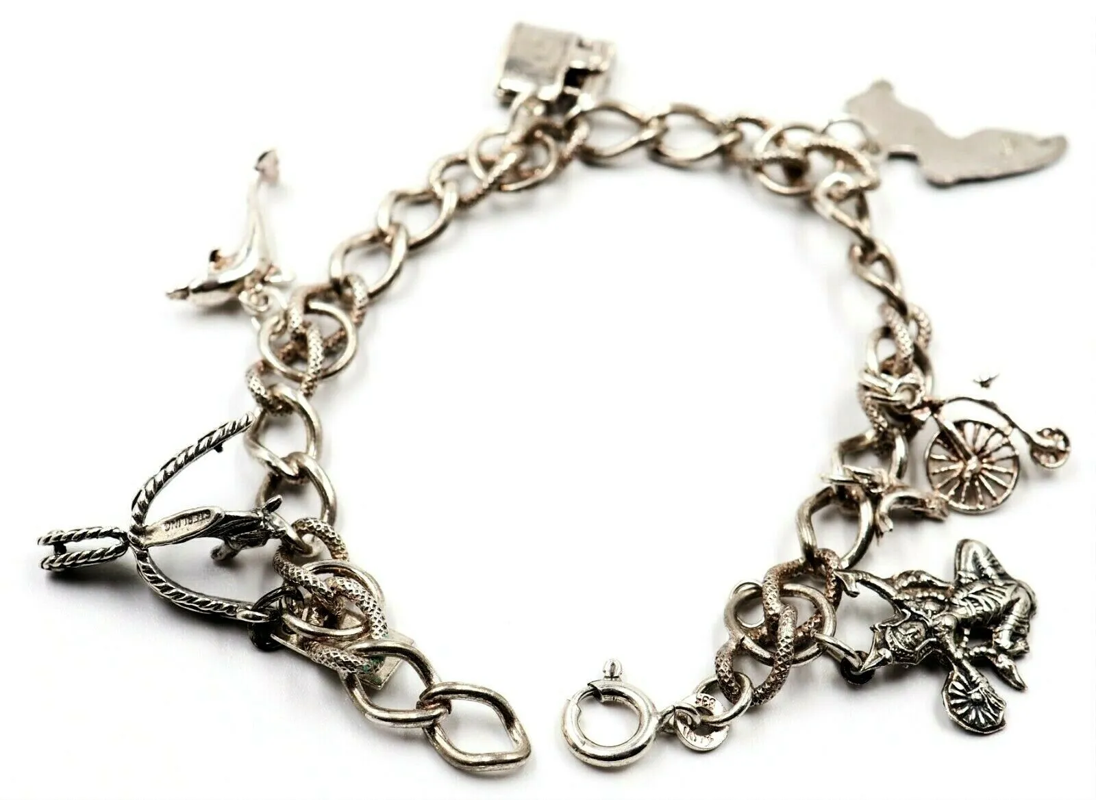 925 Sterling Silver Charm Bracelet Curb Link Chain Fine Jewellery 6 Charms