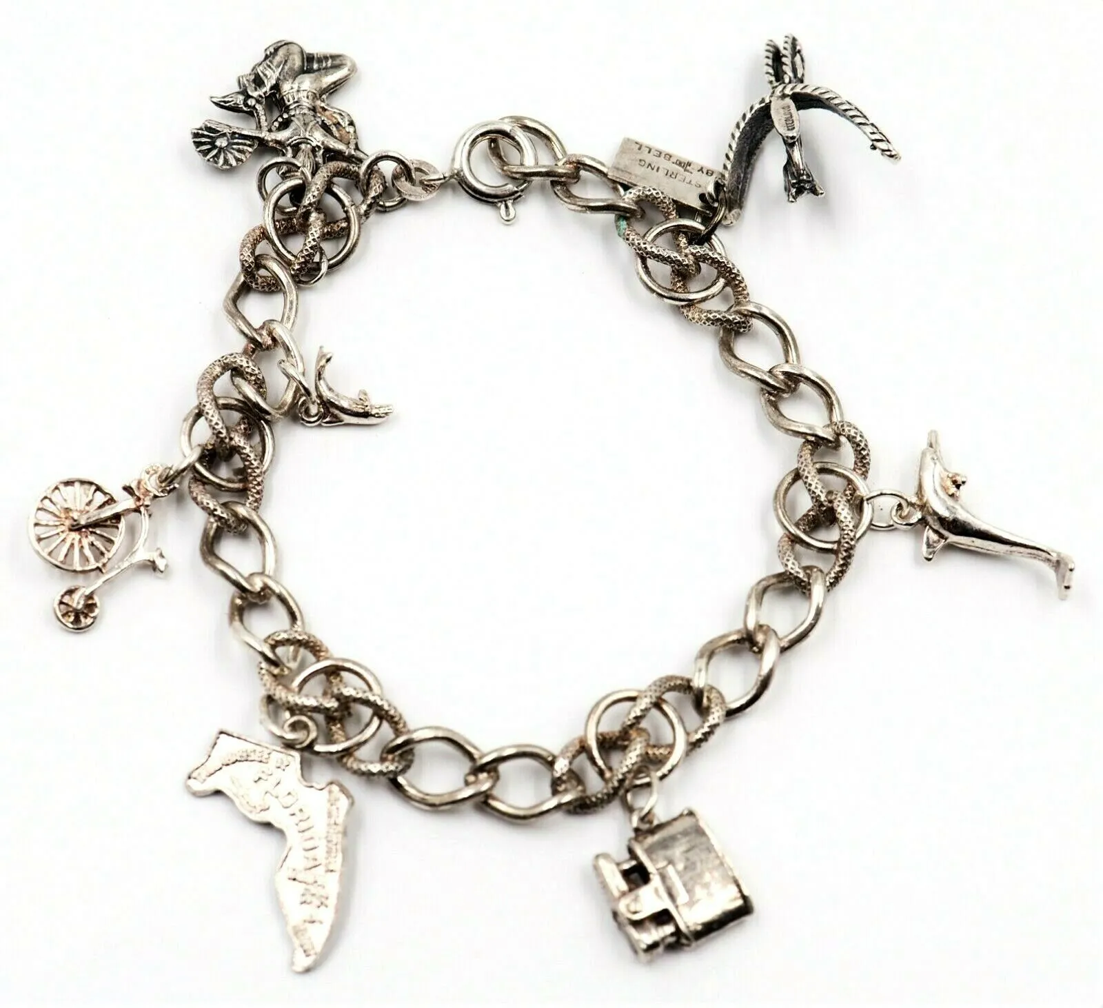 925 Sterling Silver Charm Bracelet Curb Link Chain Fine Jewellery 6 Charms