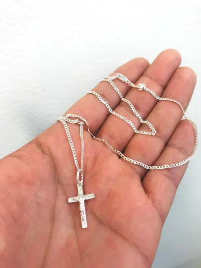 925 Sterling Silver Cross Necklace for Men's Women's Cuban Link Chain 20" / Cross Pendant in Silver 23x13 / Womens Jewelry / Crucifix Necklace in Silver