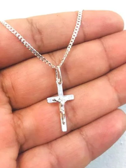 925 Sterling Silver Cross Necklace for Men's Women's Cuban Link Chain 20" / Cross Pendant in Silver 23x13 / Womens Jewelry / Crucifix Necklace in Silver