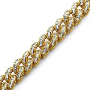 .925 Sterling Silver Gold Baguette Cuban Bling Bling Bracelet