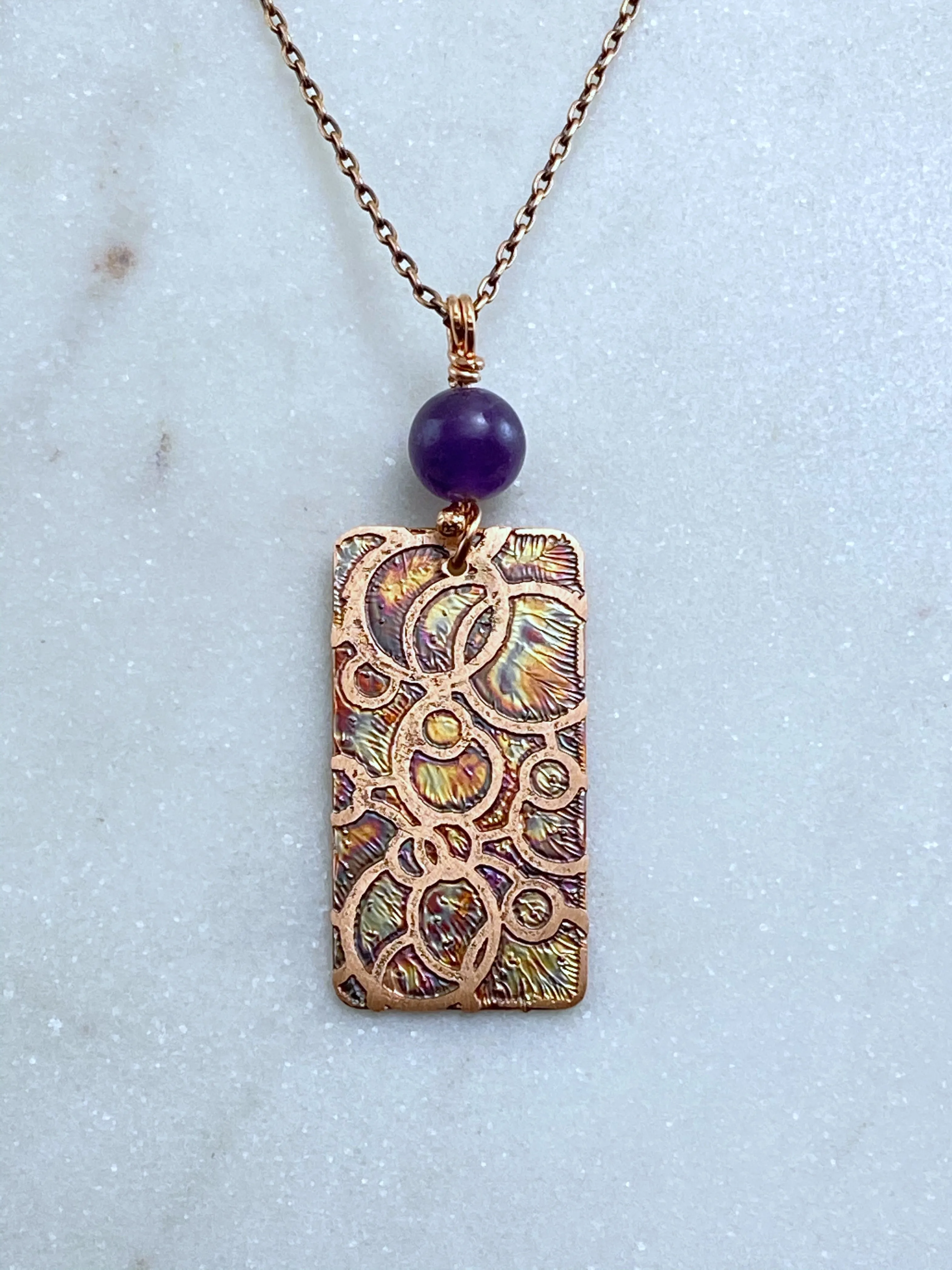 Acid etched copper open dot necklace with amethyst