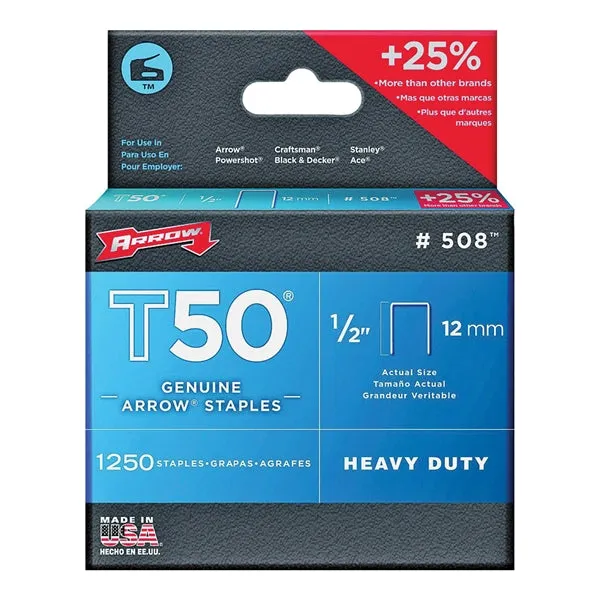 Arrow T50 Series 50824 Flat Crown Staple, 3/8 in W Crown, 1/2 in L Leg