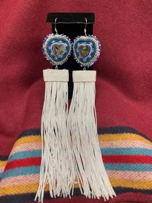 Beaded Abalone Heart Fringe Earrings