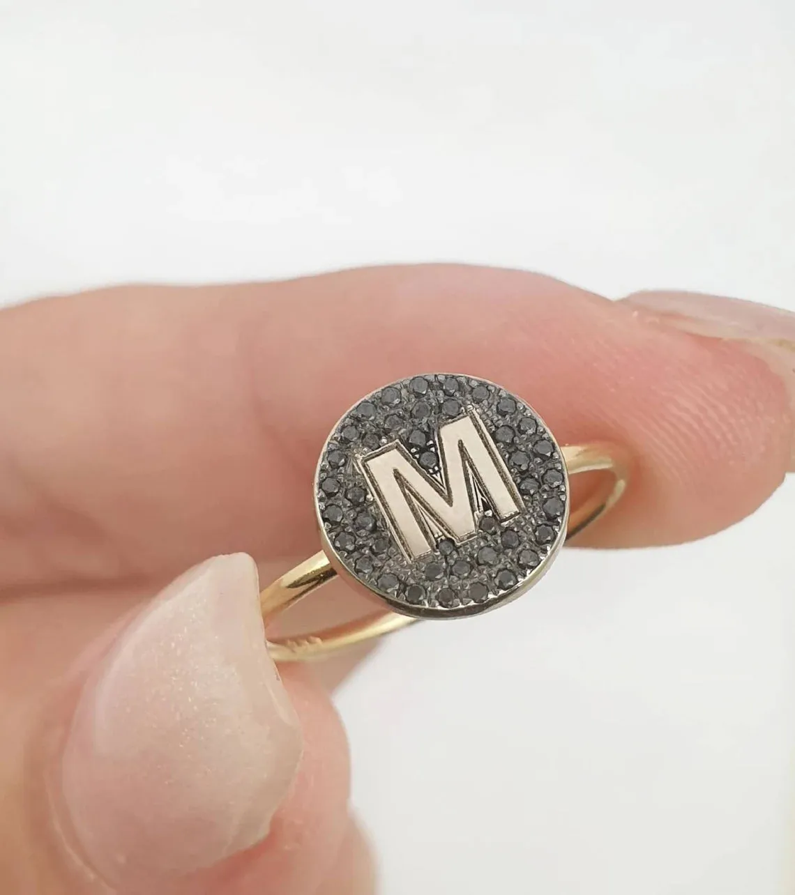 Black Diamond Initial Signet Ring