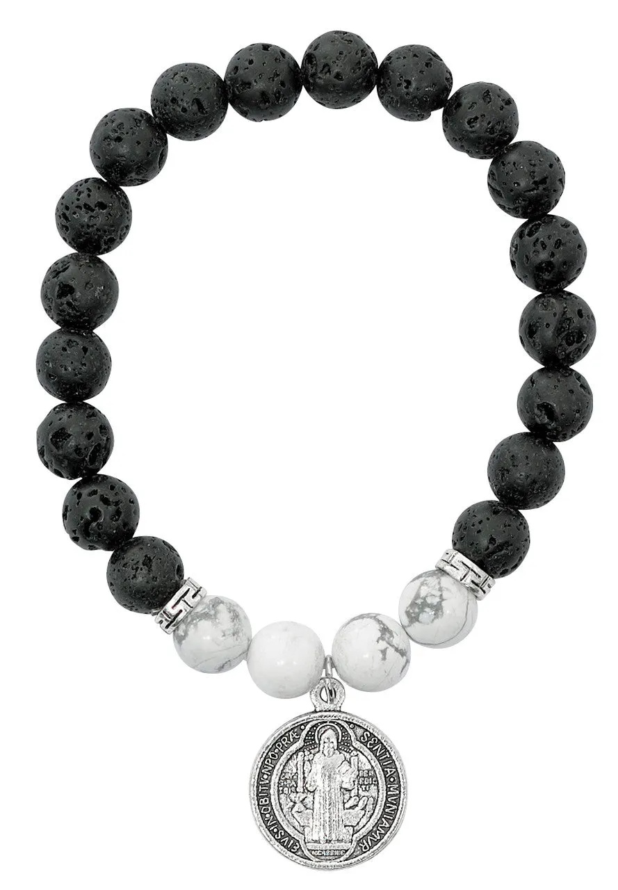 BLACK LAVA & HOWLITE ST. BENEDICT STRETCH BRACELET-BR963C