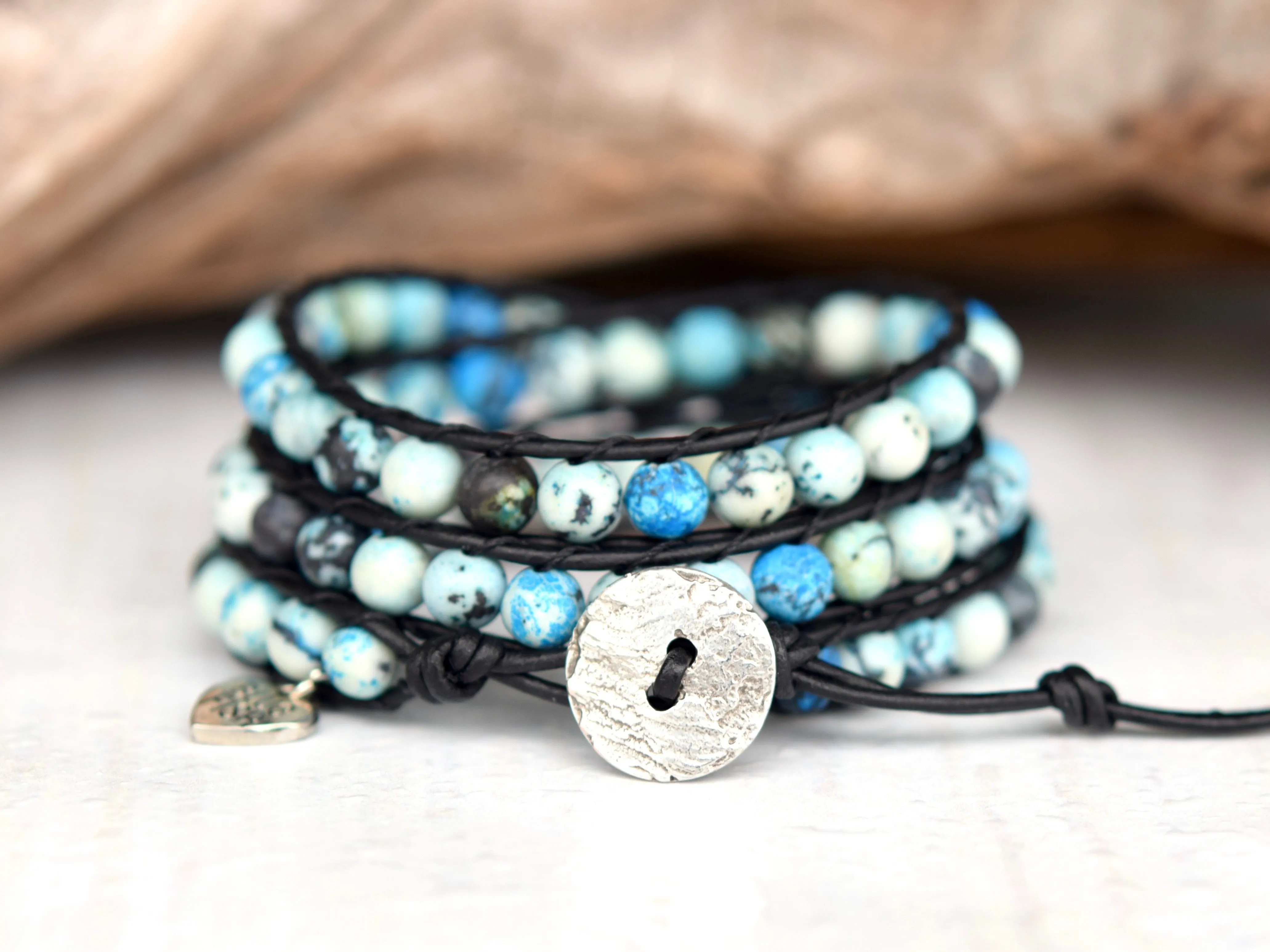 Blue & Black Jasper Beaded Wrap Bracelet ~ Choose Your Button Closure