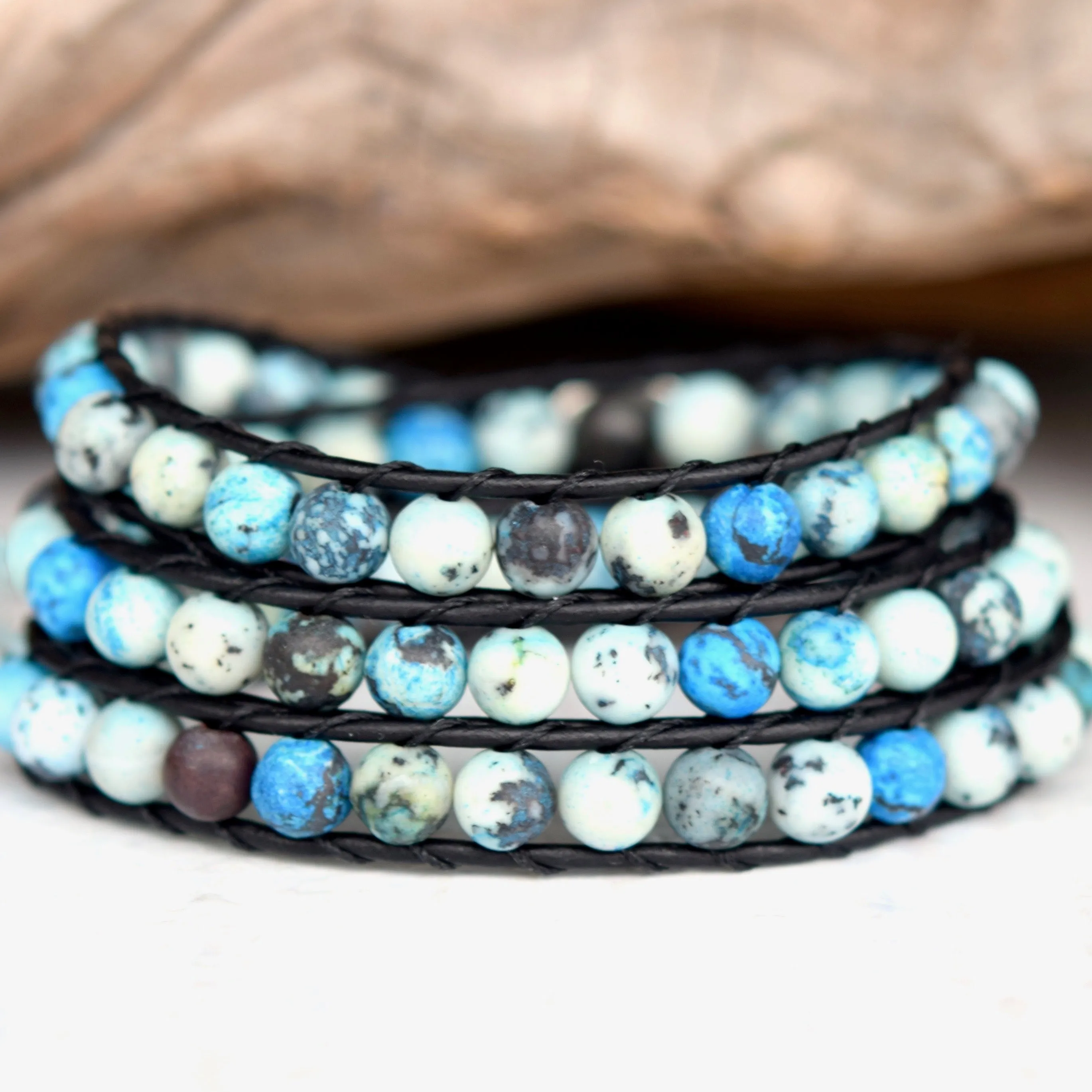 Blue & Black Jasper Beaded Wrap Bracelet ~ Choose Your Button Closure