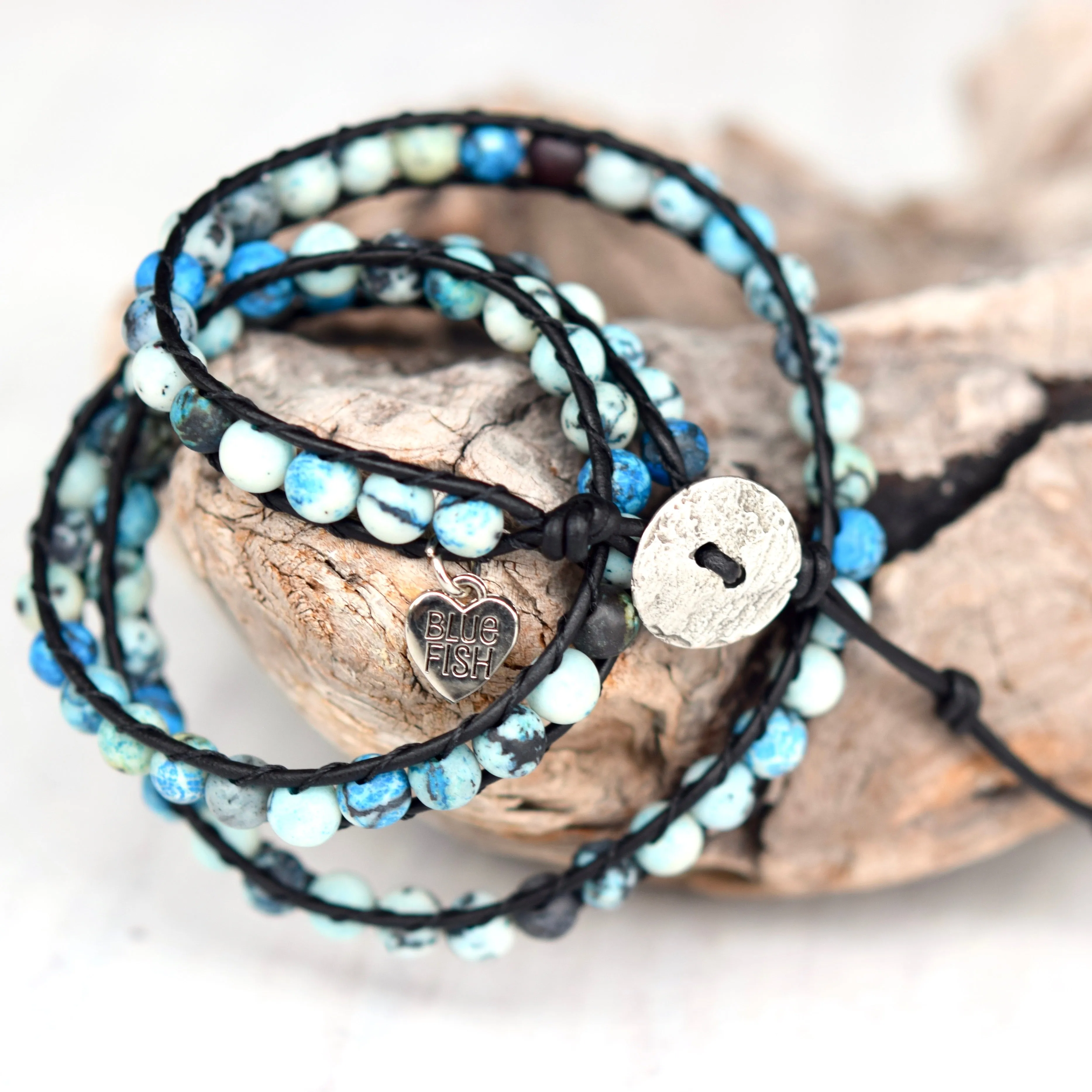 Blue & Black Jasper Beaded Wrap Bracelet ~ Choose Your Button Closure