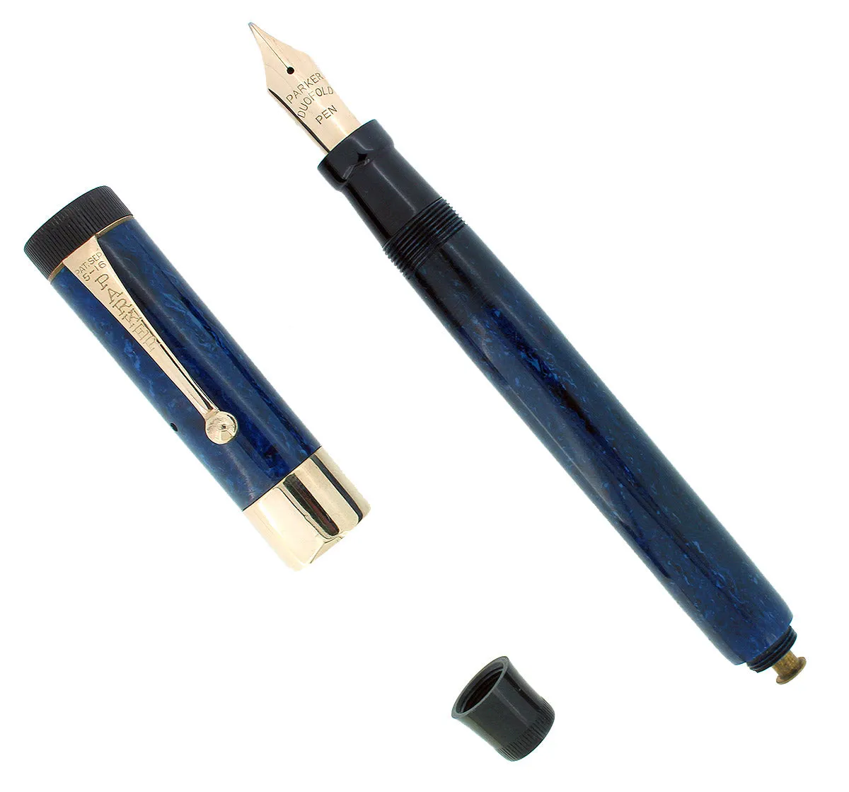 C1927 PARKER SR DUOFOLD BLUE ON BLUE LAPIS FOUNTAIN PEN WIDE CAP BAND RESTORED