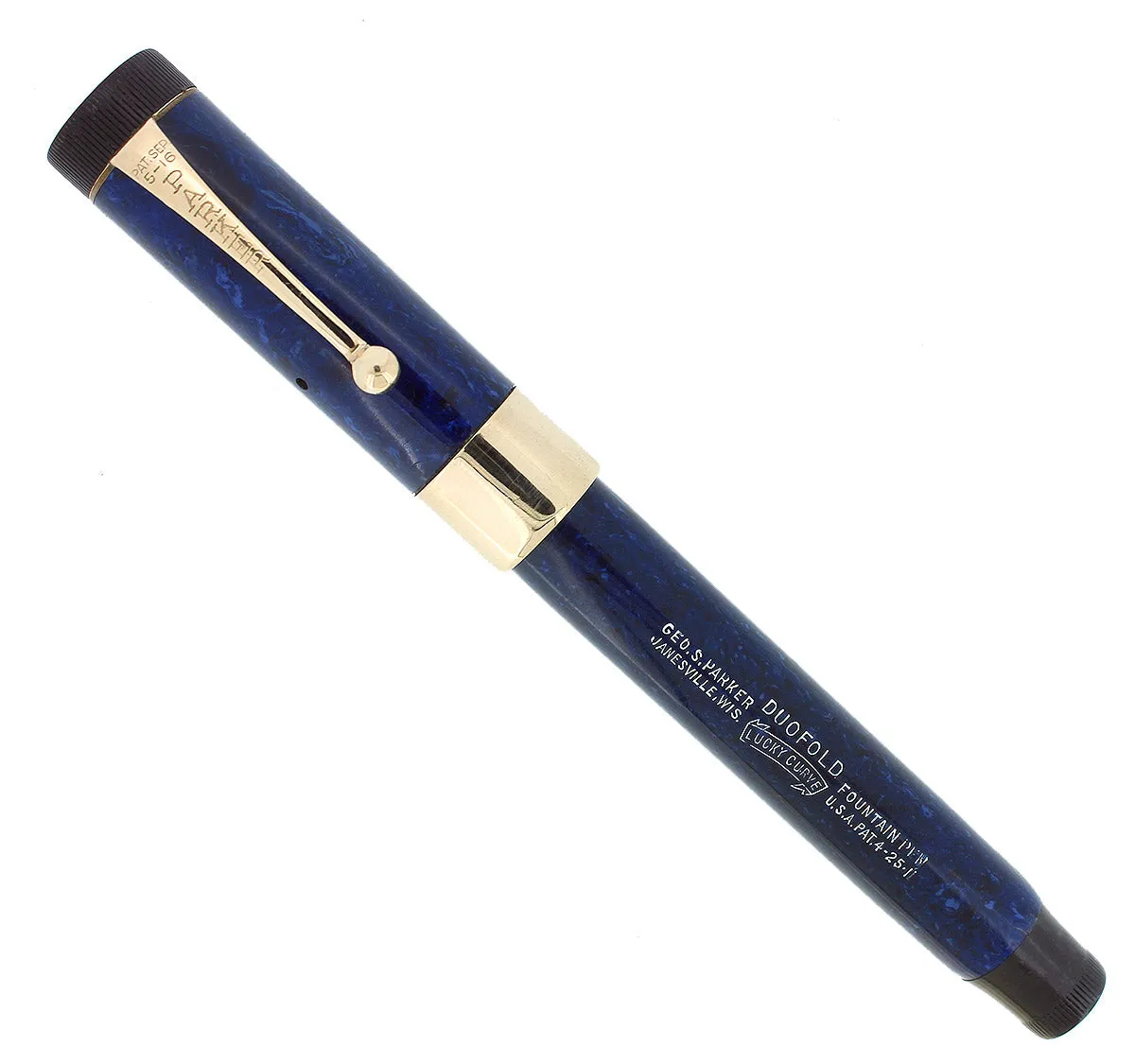 C1927 PARKER SR DUOFOLD BLUE ON BLUE LAPIS FOUNTAIN PEN WIDE CAP BAND RESTORED