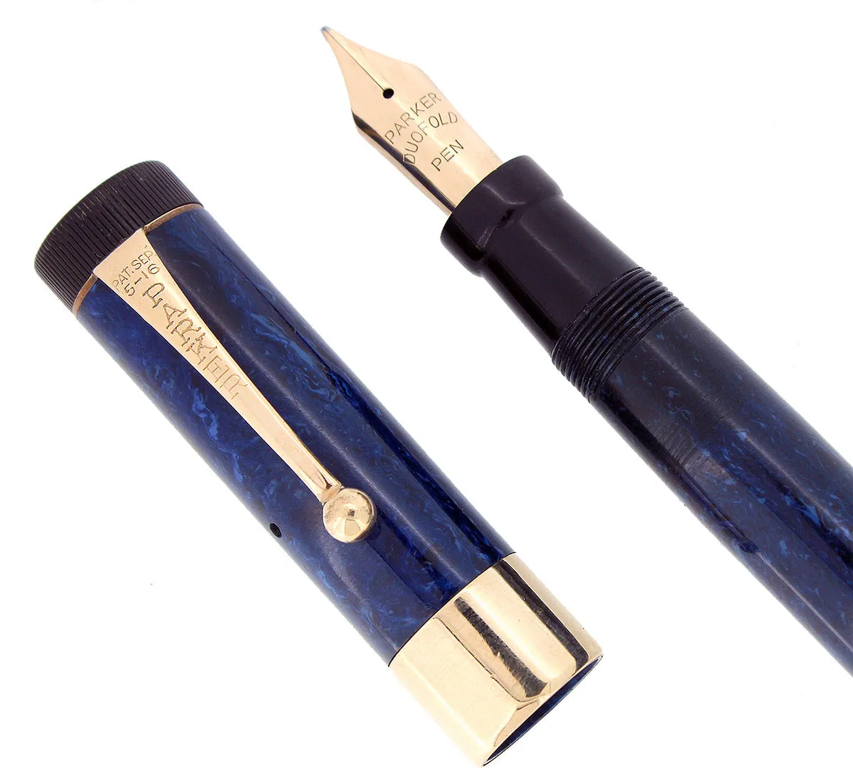 C1927 PARKER SR DUOFOLD BLUE ON BLUE LAPIS FOUNTAIN PEN WIDE CAP BAND RESTORED