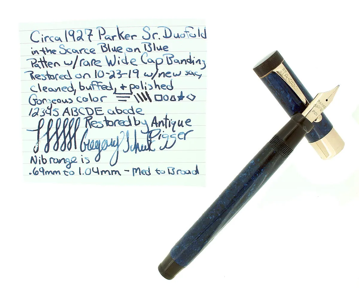 C1927 PARKER SR DUOFOLD BLUE ON BLUE LAPIS FOUNTAIN PEN WIDE CAP BAND RESTORED