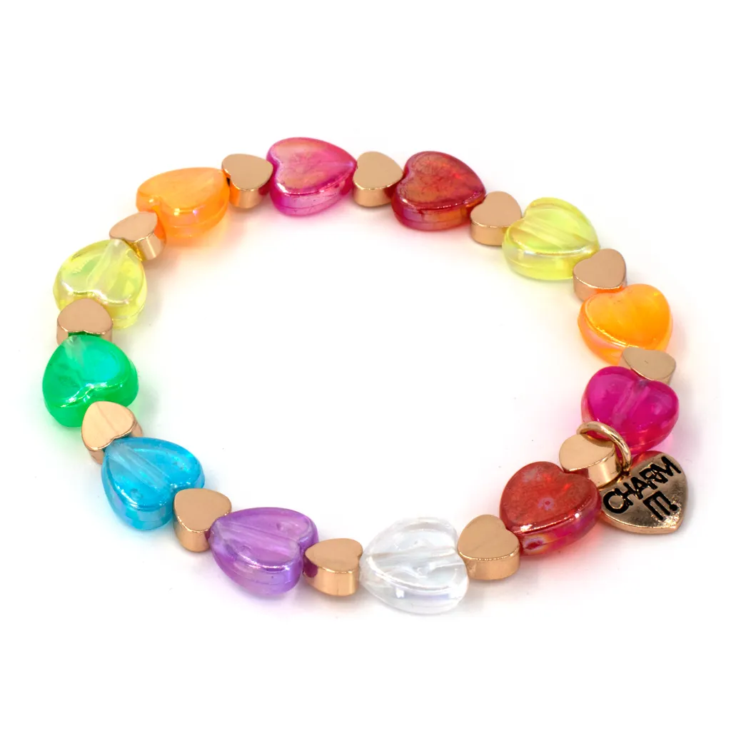 Charm It! Gold Rainbow Heart Bead Stretch Bracelet