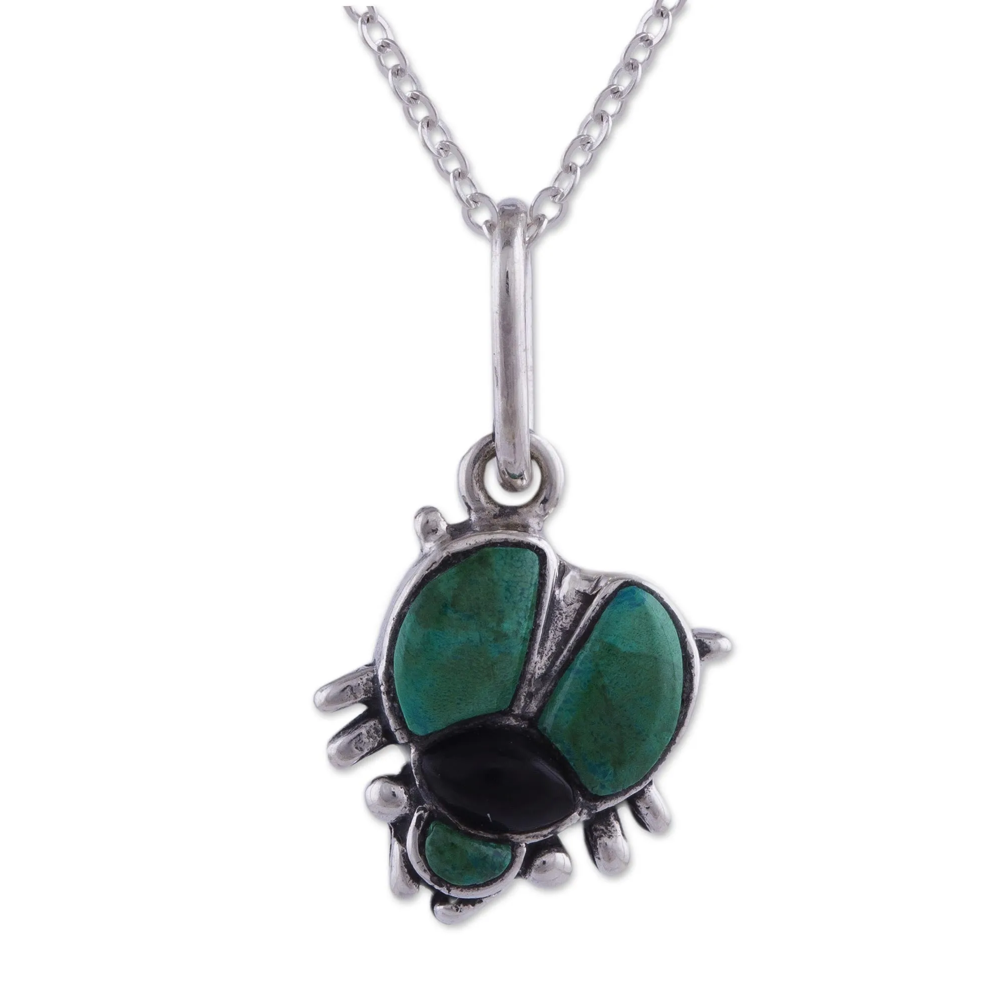 Chrysocolla and obsidian pendant necklace - Silver Scarab | NOVICA