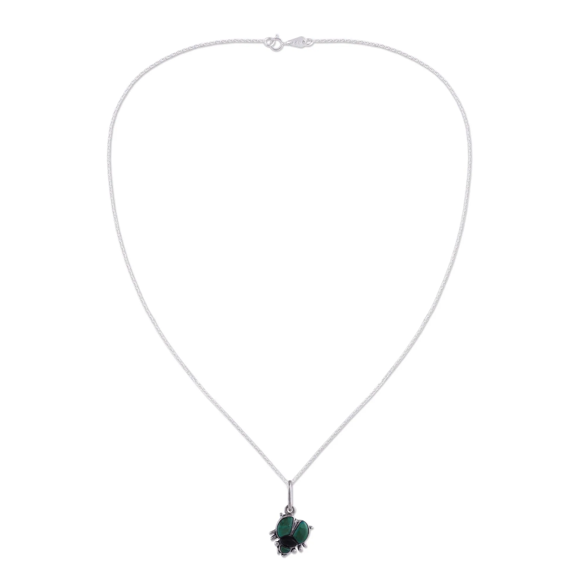 Chrysocolla and obsidian pendant necklace - Silver Scarab | NOVICA