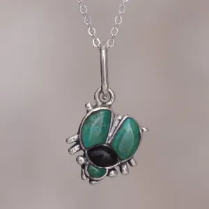 Chrysocolla and obsidian pendant necklace - Silver Scarab | NOVICA