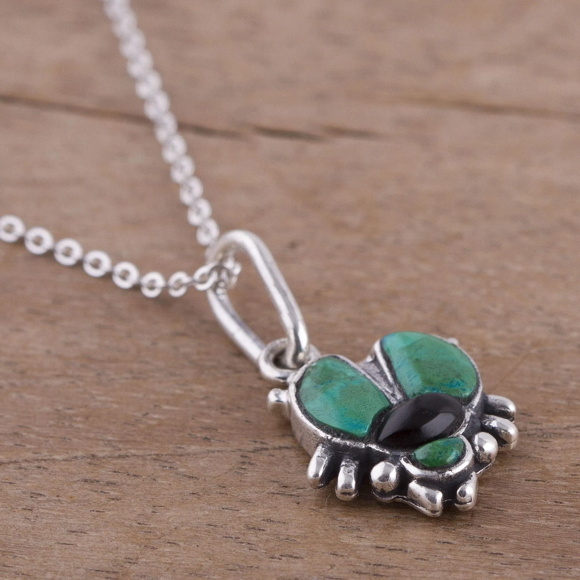 Chrysocolla and obsidian pendant necklace - Silver Scarab | NOVICA