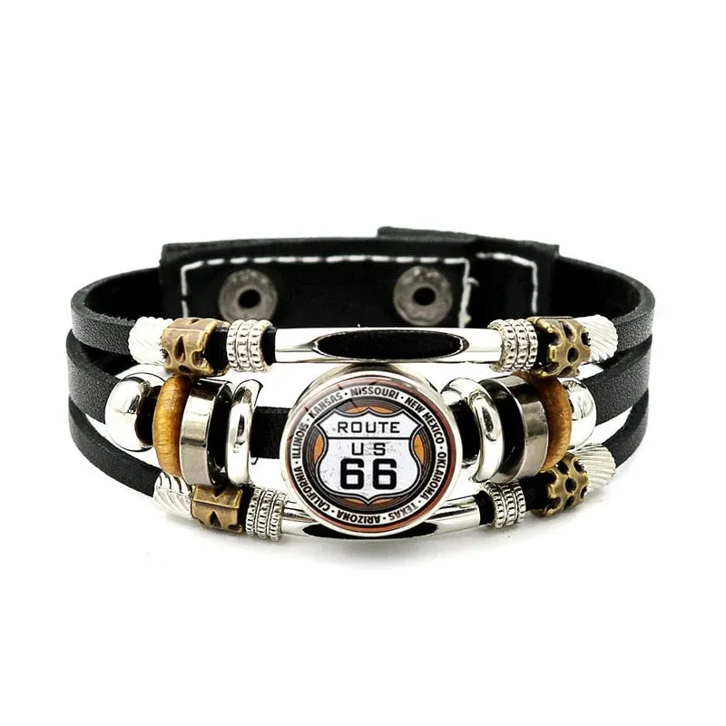 Classic US Route 66 Leather Bracelet Vintage Fashion Logo US Route 66 Multi Layer Woven Bracelet Handmade Jewelry Gift