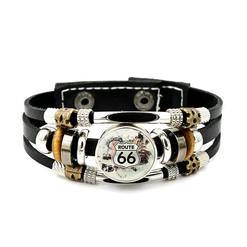 Classic US Route 66 Leather Bracelet Vintage Fashion Logo US Route 66 Multi Layer Woven Bracelet Handmade Jewelry Gift