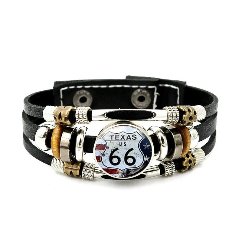 Classic US Route 66 Leather Bracelet Vintage Fashion Logo US Route 66 Multi Layer Woven Bracelet Handmade Jewelry Gift