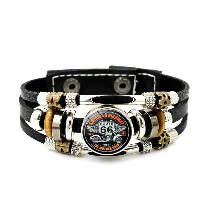 Classic US Route 66 Leather Bracelet Vintage Fashion Logo US Route 66 Multi Layer Woven Bracelet Handmade Jewelry Gift