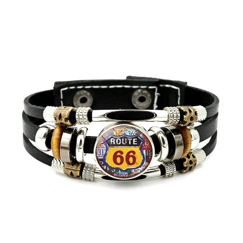 Classic US Route 66 Leather Bracelet Vintage Fashion Logo US Route 66 Multi Layer Woven Bracelet Handmade Jewelry Gift