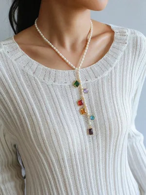 Colorful Geometric Multi-Gemstone Pendant and Pearl Y-shaped Necklace