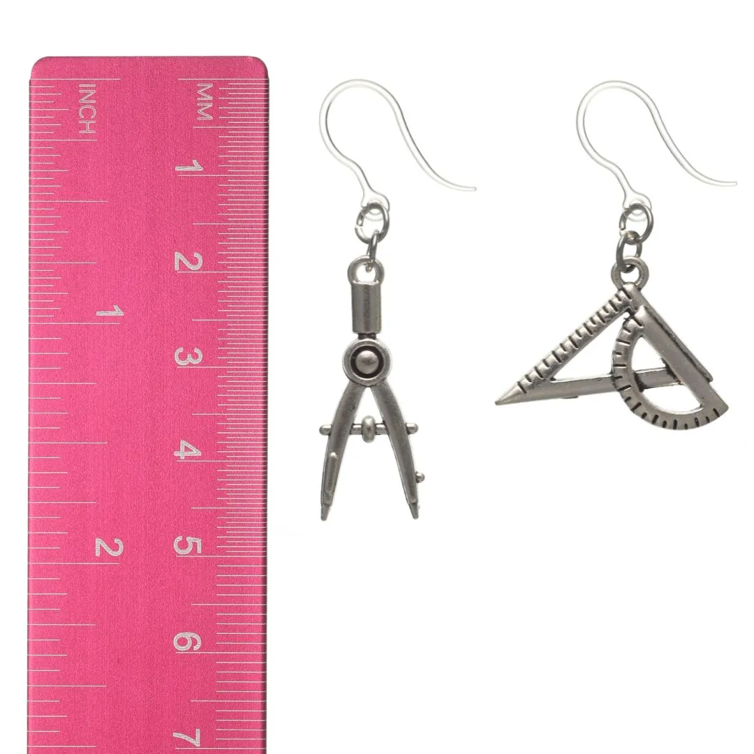 Compass & Protractor Dangles Hypoallergenic Earrings for Sensitive Ears Made with Plastic Posts