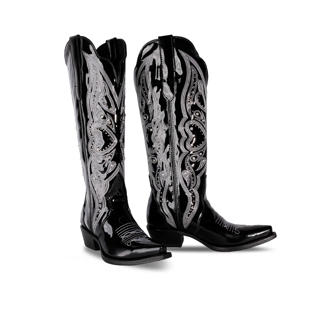 Country Western Womens Boot Charol Black Retro Toe e827