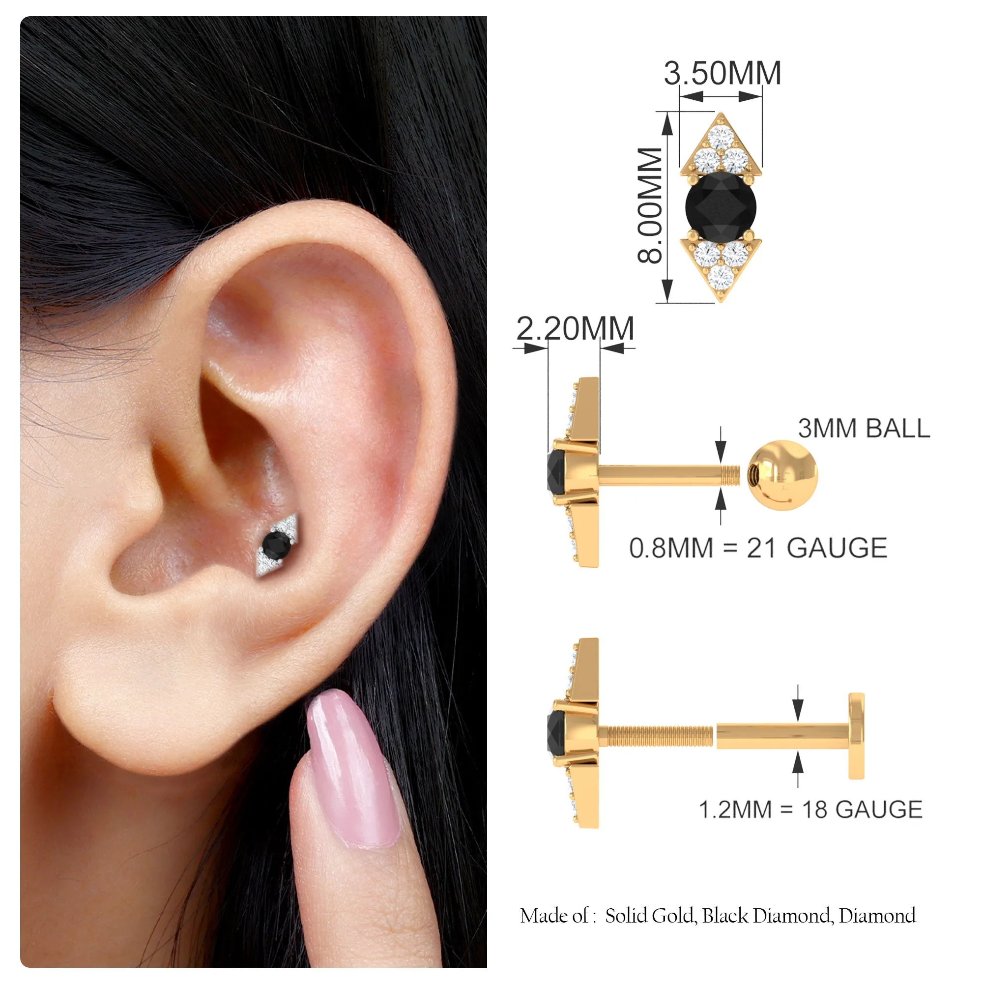 Dainty Black Onyx and Diamond Arrow Tragus Earring