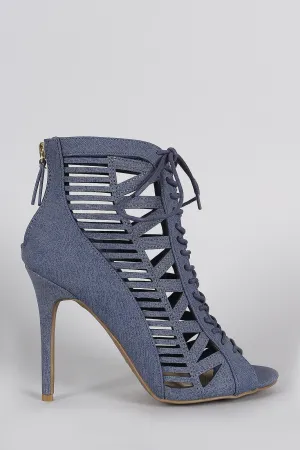 Denim Print Caged Lace Up Peep Toe Booties