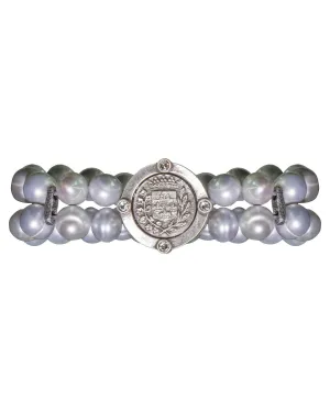 Double Strand Silver Pearl and Gustave Medallion Bracelet