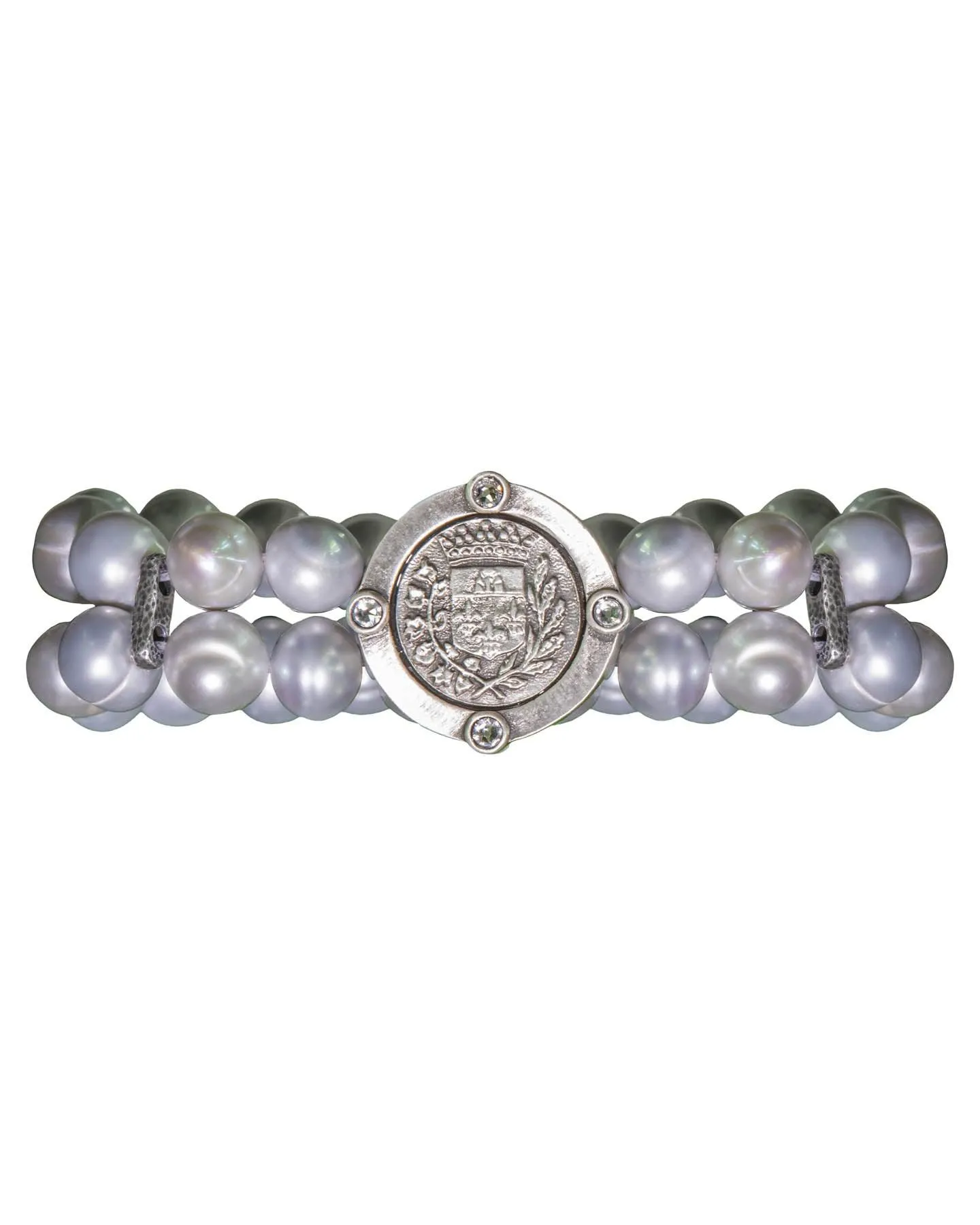 Double Strand Silver Pearl and Gustave Medallion Bracelet